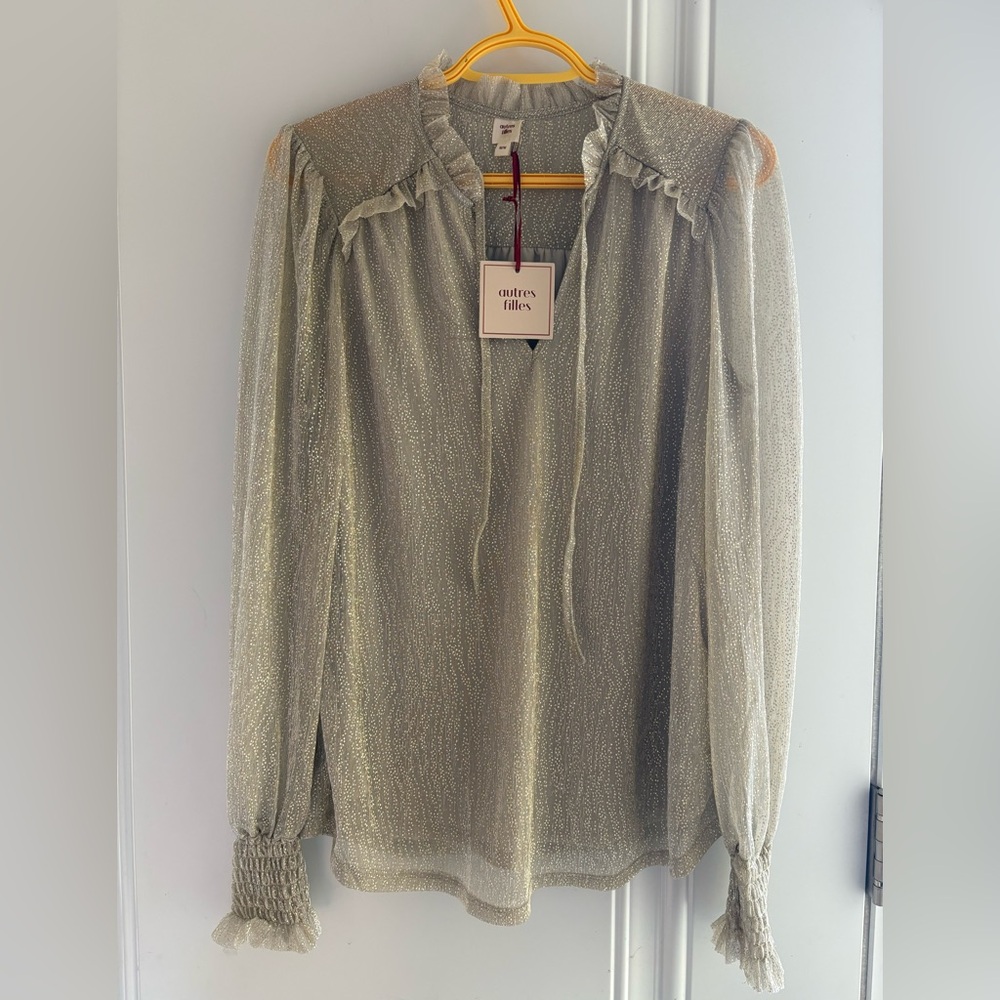 Autres Filles Champagne Metallic Sheer Ruffle-Trim Long Sleeve Top - Size Medium